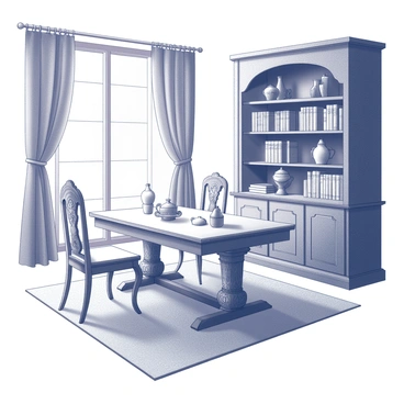 A cozy interior of a Rivendell home featuring intricately designed elven furniture. The room contains a finely crafted wooden table with elegant carvings, surrounded by tall-backed chairs that display graceful curves and floral motifs. A large, ornate bookshelf filled with ancient tomes lines one wall, its shelves delicately shaped like vine branches. Soft, flowing draperies frame the tall windows, allowing natural light to filter through. A plush area rug lies beneath the table, adding warmth to the space. Decorative elements such as small sculptures and artful pottery are strategically placed throughout the room, emphasizing the exceptional craftsmanship of the elven design.