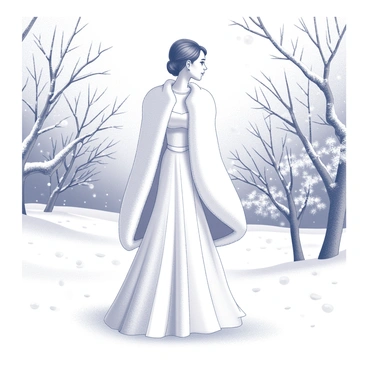 A bride stands in a snowy winter landscape, dressed in an elegant wedding gown. She is wrapped in a luxurious white fur cape that drapes gracefully around her shoulders. The ground is covered with a thick layer of snow, and delicate snowflakes fall gently around her. In the background, snow-covered trees provide a serene atmosphere, their branches heavy with white snow. The bride's expression is serene, and her hair is styled elegantly, completing her bridal look.