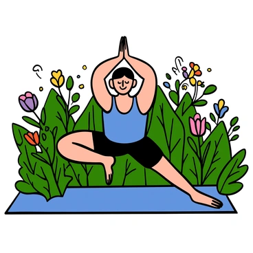 A bodybuilder with a muscular build and short black hair is practicing yoga in a lush, peaceful garden. He is wearing a sleeveless blue tank top and black shorts. The garden is filled with vibrant green plants and colorful flowers in bloom. The bodybuilder is in a yoga pose, focusing intently on his balance and form, with a serene expression on his face. Sunlight filters through the leaves, casting gentle shadows on the ground.