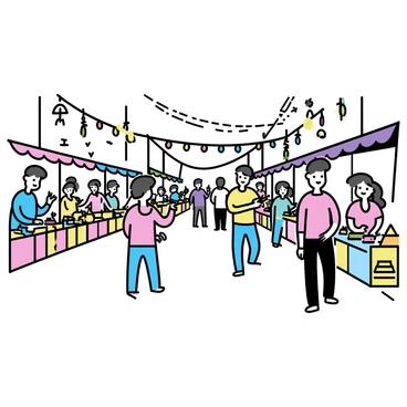 A bustling street market filled with activity during the "dahi handi" festival. Numerous vendors are arranged along the sides of the market, each displaying vibrant goods, such as traditional sweets and colorful pottery. Brightly colored decorations hang from above, including streamers and garlands, creating a festive atmosphere. People of various ages are milling about, some engaging with the vendors, while others are admiring the decorations. The scene is lively and filled with energy, capturing the essence of the festival.