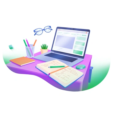 A modern pastel illustration of a desk featuring a "handwritten journal" with a pen resting beside it, positioned next to an "opened laptop" displaying a "blog post" on the screen. The laptop is sleek and modern, while the journal has a textured cover and visible handwriting on its pages. The desk surface is adorned with a small potted plant, a pair of reading glasses, and a cup filled with pens. A gentle light is cast across the scene, highlighting the inviting workspace.