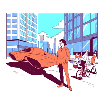 An orange inventor with a determined expression stands next to a sleek, futuristic vehicle that has sharp lines and a shiny surface. The vehicle is elevated slightly, showcasing its unique design and glossy finish. Surrounding the inventor and the vehicle are tall, modern buildings with large glass windows, reflecting the sunlight. The urban environment is bustling with activity, featuring people walking and bicycles passing by. In the background, a bright blue sky adds contrast to the scene.