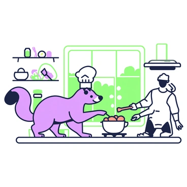 A skunk is standing on its hind legs in a busy kitchen, wearing a small chef's hat. The skunk is stirring a pot on the stove, which is bubbling with colorful ingredients. Various utensils are scattered around on the counter, including a wooden spoon and a cutting board with chopped vegetables. Behind the skunk, there are shelves filled with jars and spices. A large window lets in natural light, revealing a view of greenery outside. In the background, a chef is bustling about, preparing other dishes, adding to the lively atmosphere of the kitchen.