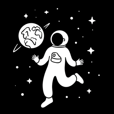 An astronaut wearing a space suit is floating in the vastness of space. The astronaut's body is in a relaxed pose, hands slightly spread out. In the background, the curvature of "Earth" is visible, showcasing the continents and swirling clouds. Stars are scattered throughout the blackness of space, creating a sense of depth and infinity. The scene captures the isolation and wonder of being in space.