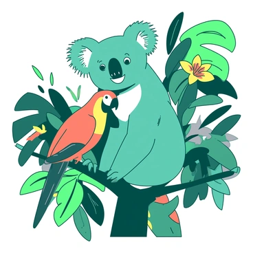 A teal koala with a friendly expression is sitting on a tree branch in a tropical forest. Perched on its shoulder is a vibrant parrot with feathers in shades of orange and yellow. The surrounding foliage features large green leaves and colorful tropical flowers, enhancing the lively atmosphere of the scene. The koala and parrot appear engaged in conversation, with the parrot leaning slightly closer to the koala. Sunlight filters through the leaves, casting dappled light around them.