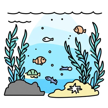 A vibrant underwater kelp forest, filled with tall, swaying kelp plants reaching towards the surface. Various fish of different shapes and sizes swim among the kelp, including bright orange clownfish and silver schools of small fish darting through the fronds. A sea turtle glides gracefully through the scene, while a starfish clings to a rock on the ocean floor. The light filters down from above, illuminating the diverse marine life and creating a dynamic and lively underwater environment.