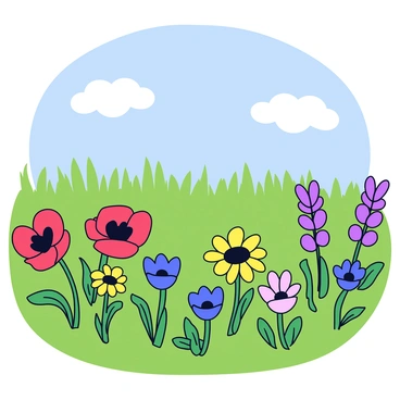 A lush meadow filled with vibrant wildflowers in various colors. The flowers include bright red poppies, deep blue cornflowers, sunny yellow daisies, and soft purple lupines. The greenery is rich and inviting, with blades of grass swaying gently in the breeze. A clear blue sky extends above the meadow, dotted with a few fluffy white clouds.