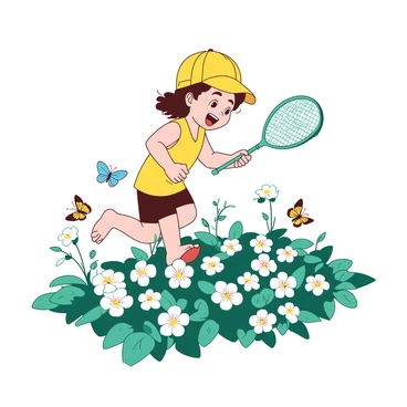 A young child wearing a yellow cap is running joyfully through a patch of white flowering primroses. The child is holding a teal butterfly net with both hands, eyes wide with excitement. Butterflies of various colors are fluttering around, some landing on the primroses. The sunlight casts soft shadows on the ground, and the child's bare feet are visible as they dash through the vibrant flowers. The scene is filled with a sense of playful energy and exploration.