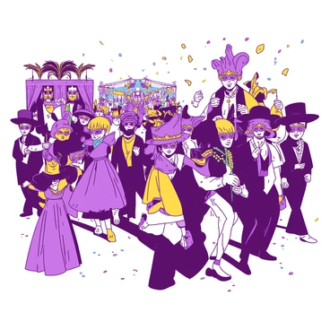 A vibrant scene of a Mardi Gras parade unfolds, with participants adorned in "ornate masks" featuring intricate designs and bright embellishments. Many of them are wearing "colorful beaded necklaces" that catch the light, adding to the festive atmosphere. The parade is filled with "people dancing" in flamboyant costumes, showcasing a variety of "patterns and textures." In the background, there are "decorated floats" moving along the route, covered in "colorful decorations" that reflect the celebratory spirit of the event. "Confetti" fills the air, adding a lively touch to the scene.