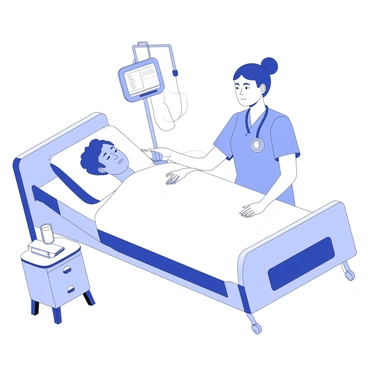 A nurse is standing beside a hospital bed, checking on a patient’s recovery after an endoscopy. The nurse is wearing scrubs and has a compassionate expression. She is gently adjusting the patient's pillow to ensure comfort. The patient is lying in bed, looking drowsy but safe, with an IV drip connected to their arm. There is medical equipment nearby, including a monitor displaying the patient’s vital signs. A small bedside table holds a glass of water and a couple of magazines.