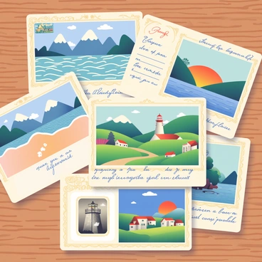 An assortment of vintage postcards is spread out on a wooden table. Each postcard features different scenic images, including a peaceful beach with soft waves, a majestic mountain range with snow-capped peaks, and a charming village nestled in a lush green valley. The postcards have ornate borders and faded colors, showcasing their age. Some of the postcards are slightly overlapping, while others are fanned out, making it easy to see the variety of locations. A few postcards have handwritten notes in elegant cursive. A sepia-toned photo of a lighthouse is on one of the cards, and a vibrant sunset scene is featured on another.