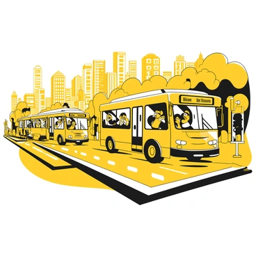A row of city buses with distinct designs and vibrant colors racing down a busy street. The buses are in motion, with some passengers visible through the windows, showing expressions of excitement. The urban landscape is filled with tall buildings lining the street, and a crowd of people is watching the race from the sidewalks. Traffic lights are visible, along with road signs and painted lanes, conveying a sense of dynamic movement in the scene.