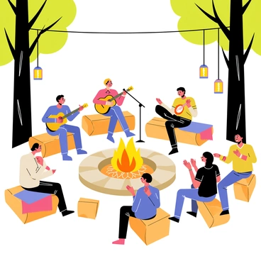 A small band consisting of three members is playing acoustic music around a circular stone fire pit. One musician is strumming a guitar, while another plays a mandolin, and the third member is singing into a microphone. The fire pit is surrounded by glowing orange flames and a ring of smooth stones. Several people are seated on wooden logs and blankets, clapping and smiling as they enjoy the music. The scene is illuminated by the warm light from the fire, creating a cozy and inviting atmosphere. Tall trees surround the area, with a few hanging lanterns providing additional light.