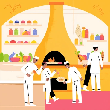 A traditional tandoori kitchen with a large clay tandoor oven in the center. Chefs wearing white uniforms are working diligently, one chef is reaching into the tandoor to retrieve freshly baked naan, while another chef is skewering marinated kebabs. The kitchen is filled with various spices neatly arranged on wooden shelves, and colorful vegetables are placed on a wooden counter. The walls are adorned with vibrant Indian artwork, and the atmosphere is bustling with activity as the chefs prepare delicious food.