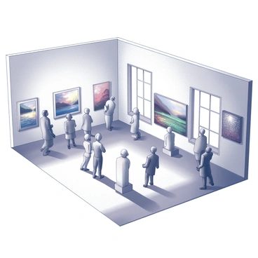 An art gallery space with high ceilings. The interior features a variety of colorful paintings displayed on the walls. Several sculptures are placed throughout the area, showcasing different forms and textures. Groups of visitors are positioned around the gallery, some standing in front of the artworks while others engage in conversation. Large windows allow natural light to illuminate the space, casting soft shadows and highlighting the features of both the paintings and sculptures.