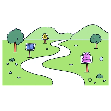 A winding path that meanders through a green landscape dotted with trees and small bushes. Alongside the path, there are colorful signs marking different stages of mental healing. Each sign features a simple illustration and clear text, such as "Awareness," "Acceptance," and "Growth." The path is lined with small pebbles, and the sun casts soft shadows on the ground. In the background, gentle hills rise, adding depth to the serene environment.