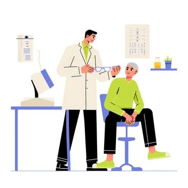 An optometrist adjusting trial lenses on a patient during an eye exam
