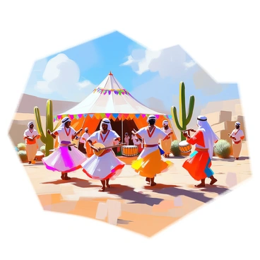 A vibrant desert festival scene featuring a group of people dancing joyfully under a clear blue sky. The dancers are dressed in colorful traditional clothing, with flowing fabrics that catch the warm desert breeze. Some individuals are playing traditional instruments, including a lute and hand drums, adding to the lively atmosphere. Surrounding them, the desert landscape is dotted with cacti and small shrubs, providing a backdrop of natural beauty. In the distance, a large tent is set up, decorated with vibrant fabrics, creating a focal point for the festivities. The sunlight casts warm shadows, enhancing the colors of the scene.