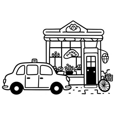A British taxi parked next to a quaint flower shop with an intricately designed storefront. The flower shop features large windows displaying an array of a variety of flowers in different arrangements. A "Flower Shop" sign hangs above the entrance, and flower pots are arranged along the sidewalk. The pavement is lined with small cobblestones, and a bicycle with a basket sits nearby, adding to the charm of the scene.
