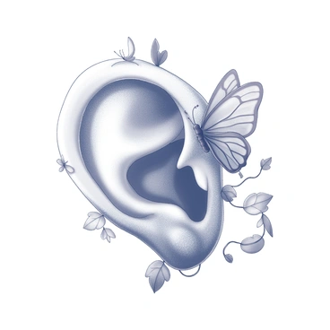 An ear illustrated with elements of nature, like leaves and butterflies, blending human and environment.