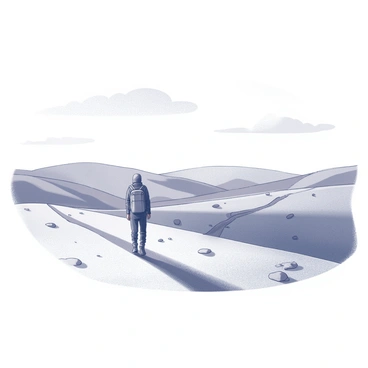A lone traveler walking across a vast, open landscape. The traveler is dressed in a rugged coat and sturdy boots, with a backpack slung over one shoulder. The landscape features rolling hills that stretch into the distance, dotted with patches of sparse vegetation. There are a few scattered rocks and a winding path leading away from the traveler. The sky above is expansive, with a few clouds drifting by, creating a sense of solitude and adventure.