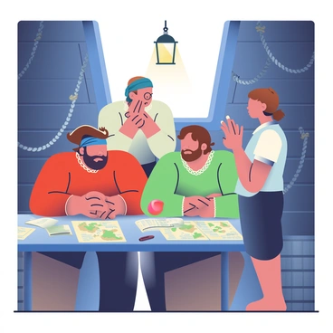 A group of four crew members from an 18th-century ship is gathered below deck in a dimly lit wooden space. Two men with beards are leaning over a table covered in maps and scattered parchment. One man has a blue bandana tied around his head, while the other wears a brown tricorn hat. A woman with long hair tied back is standing with her arms crossed, looking intently at the maps. The fourth crew member, a young man with a scruffy look, is whispering to the others while gesturing towards the open hatch above. Wooden barrels and ropes are stacked against the walls, adding to the atmosphere of secrecy. A lantern hangs from the ceiling, casting a warm glow over the scene.