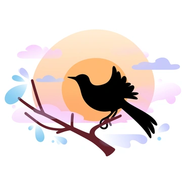 A mockingbird is perched on a slender branch, its form outlined sharply in silhouette against a vibrant sunset. The sky is filled with gradient pastel colors, transitioning from deep orange to soft pink and light purple. Wispy clouds reflect the warm hues of the sunset, creating a serene backdrop. The branch is delicate, with a few leaves fluttering gently in the evening breeze. The overall composition captures the tranquility of the moment, emphasizing the beauty of nature as day turns to night.