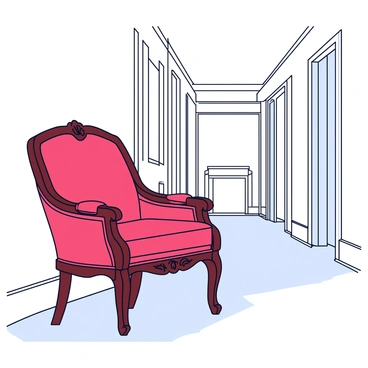 An ornate vintage fauteuil with a deep mahogany wood finish. The chair features intricate carvings along the arms and legs, depicting floral patterns. The seat cushion is upholstered in a rich, deep red fabric. The fauteuil is positioned against the wall of an elegant hallway, which has white wainscoting and a polished wooden floor. Soft light filters in from a nearby window, illuminating the details of the chair and the hallway.
