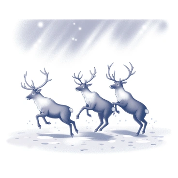 A group of reindeer frolicking in a snowy landscape. The reindeer are leaping and playfully interacting with each other, their antlers visible against the winter scenery. The ground is covered in a thick layer of snow, with some patches revealing the underlying terrain. In the sky above, the Northern Lights are visible, creating a shimmering display that illuminates the scene. The atmosphere is filled with the thrill of winter playfulness, as snowflakes gently fall around the reindeer.