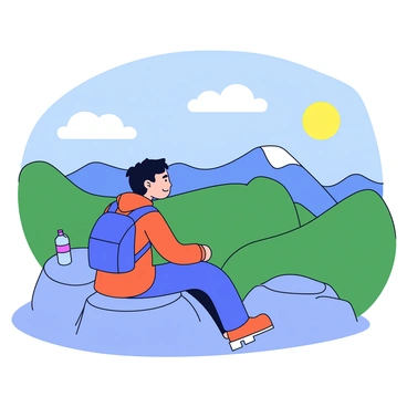 A hiker sitting on a rocky mountain summit, taking a break. The hiker is wearing a bright orange jacket and a blue backpack. The person has short dark hair and is looking out over a vast landscape of green valleys and distant peaks. The sky is clear with a few fluffy clouds scattered. The sun is shining brightly, casting soft shadows on the rocks around the hiker. A water bottle is resting beside the hiker on the ground.