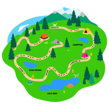 A detailed camping map featuring various illustrated campsites marked with small tents and campfires. The map includes winding hiking trails represented by dashed lines, leading through stretches of lush greenery and tall trees. Surrounding the trails, there are illustrations of mountains in the background, a shimmering lake, and patches of wildlife such as deer and birds. Each campsite is labeled with easy-to-read text indicating its name, and small icons represent amenities like restrooms and picnic areas. The overall layout is colorful and engaging, clearly showing the attractions of the area.