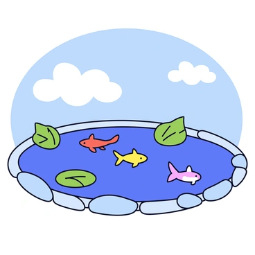 A koi pond with clear blue water that mirrors the sky above. The surface of the pond is dotted with several colorful koi fish swimming gracefully. Surrounding the pond are smooth stones, and green lily pads float on the surface. In the background, fluffy white clouds drift across the bright blue sky, creating a harmonious balance between water and air.