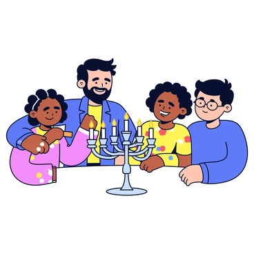 A family gathered around a menorah, lighting it together and smiling