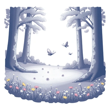 A clearing in the forest with sunlight filtering through the trees. The ground is covered with a variety of wildflowers, showcasing an array of shapes and textures. Butterflies are seen fluttering about, landing gently on the flowers. Surrounding the clearing are tall trees with a dense canopy, their trunks adorned with patches of moss. The atmosphere is lively with the movement of the butterflies and the bright presence of the wildflowers.