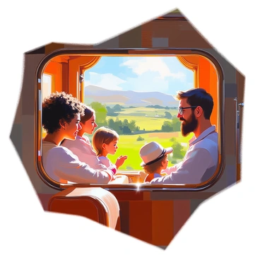 A group of diverse passengers, including a man with a beard and glasses, a woman with curly hair, and a child with a hat, are peering out from the windows of an old steam train. They are surrounded by vintage wooden interiors, with leather seats and ornate details. Outside, the countryside unfolds with lush green fields, rolling hills, and distant trees. The sunlight casts soft shadows inside the train, enhancing the warmth of the scene. The expressions on the passengers’ faces reflect curiosity and awe as they take in the beautiful landscape passing by.