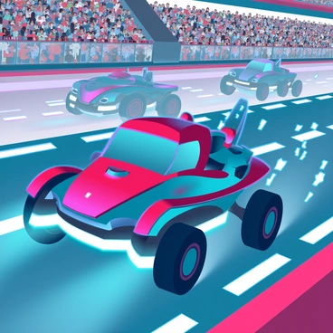 Optimus Prime, a large robotic figure with a metallic blue and red exterior, is racing alongside an array of futuristic vehicles on a sleek, high-tech racetrack. The track features bright LED lights and advanced safety barriers. Other vehicles include a sleek hover car with aerodynamic curves and a glowing undercarriage, a compact electric sports car with sharp angles and a reflective surface, and a monstrous off-road vehicle with oversized tires and rugged features. The background showcases a bustling crowd in the stands, all eagerly watching the race unfold. The atmosphere is filled with excitement as sparks fly from the track and the vehicles speed forward, showcasing their impressive designs and capabilities.