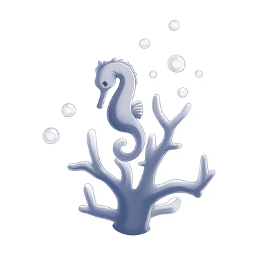 A tiny seahorse is clinging to a piece of coral. The coral has intricate textures and structures, providing support for the seahorse. The seahorse's shape is distinct, with curled tail and elongated body. Surrounding the seahorse are several bubbles, varying in size, floating gently around it. The scene is set underwater, showcasing the delicate interaction between the seahorse, the coral, and the bubbles.