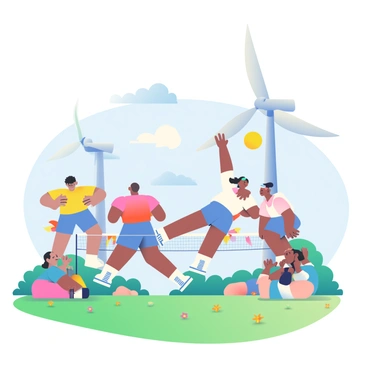 A vibrant 3D volleyball game is taking place in a lush green field. Several players with diverse appearances are energetically jumping and diving for a bright yellow volleyball. In the background, tall white wind turbines with large blades are turning slowly against a clear blue sky. The field is dotted with colorful wildflowers, and a few fluffy white clouds float overhead. Spectators are sitting on the grass, cheering enthusiastically, while some colorful banners flutter in the gentle breeze.