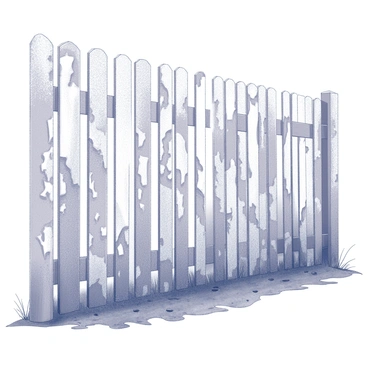 An old wooden fence stands weathered and worn, its planks varying in height and spacing. The fence is adorned with peeling white paint, which curls away from the surface to expose the raw, textured wood underneath. Some areas show deep cracks, while patches of the wood appear darker from years of exposure to the elements. The fence leans slightly in places, adding to its aged character. The ground around the base is uneven, covered with bits of grass and small stones.