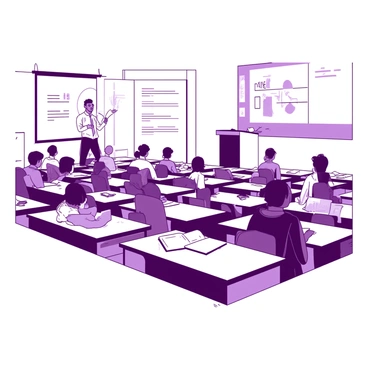 A group of students is seated at desks in a large lecture hall. The students, varying in ethnicity and gender, are looking towards the front with focused expressions. They are dressed in casual clothing and have notebooks or laptops open in front of them. A professor stands at a podium, gesturing with one hand as they present. The lecture hall is filled with rows of seats and has a large screen displaying presentation slides. The lighting is bright, illuminating the attentive faces of the students.