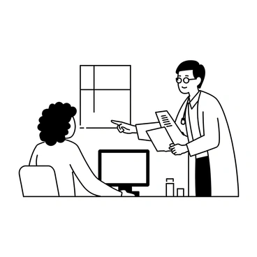 A doctor in a white coat is standing next to a desk, pointing at a health chart held in their hands. The doctor has short hair and is wearing glasses. A patient, sitting in a chair, is attentively looking at the chart. The patient has curly hair and is wearing a casual shirt. A computer and some medical supplies are visible on the desk, adding to the office setting. There is a window in the background, allowing light to enter the room.