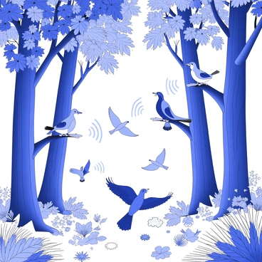 A lush forest filled with dense, towering trees. The foliage is rich and full, creating a layered canopy overhead. Various birds are perched on branches, some in mid-flight, with their wings spread wide. Sound waves are illustrated visually in the air, emanating from the birds, represented as wavy lines creating a rhythmic pattern around them. The ground is covered with a mix of leaves, ferns, and small flowering plants, contributing to the vibrant forest atmosphere.