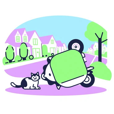 An overturned moped lies on its side on a quiet suburban street. The moped has a sleek design with a shiny body and a visible handlebar and seat. Nearby, a curious cat is sitting on the pavement, looking at the moped with interest. The cat has distinct markings and its fur is fluffed up as it observes the scene. In the background, there are houses with neatly trimmed lawns and a few trees lining the street. The scene is framed by a clear blue sky above, creating a calm atmosphere.