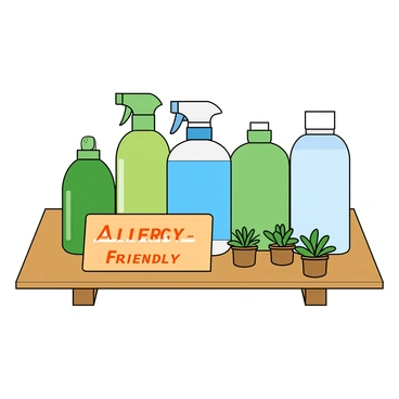 A collection of natural cleaning supplies is arranged neatly on a wooden surface. There are several bottles, each with a simple design; one is green, another is blue, and the last one is clear with a white cap. Next to the bottles, there is a rectangular label prominently displayed. The label has a bold font that reads "Allergy-Friendly" in bright letters. Surrounding the bottles, there are a few small potted herbs, providing a touch of greenery. The scene is well-lit, highlighting the freshness of the cleaning supplies.
