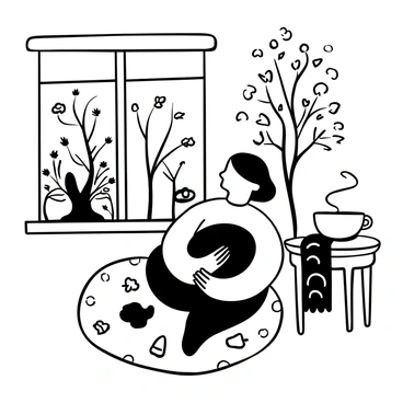 A person sitting cross-legged on a soft, patterned rug, focusing on a foot resting in their lap. The foot is partially surrounded by various natural elements such as fallen leaves and small acorns. A steaming cup of herbal tea is placed on a nearby wooden table adorned with a cozy knitted scarf. In the background, a window reveals trees with branches covered in autumn foliage. The scene is softly illuminated by warm, ambient light filtering through the window.