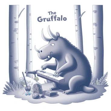 A large creature with prominent features resembling a Gruffalo. It has twisted horns on its head and large, sharp teeth. The Gruffalo is seated on a patch of grass in a dense forest. In front of it, a makeshift musical instrument is assembled from various forest objects, including twigs, leaves, and stones. The Gruffalo is using its claws to play this instrument, creating a unique sound. Surrounding the Gruffalo are tall trees with textured bark, and patches of underbrush filled with ferns and wildflowers. "The Gruffalo" is written in a playful font above the scene.