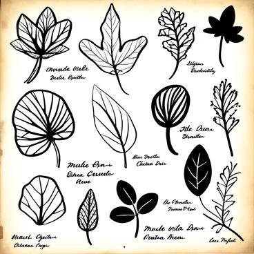A vintage herbarium page featuring various pressed leaves arranged artistically across the page. Each leaf showcases intricate details of its veins and texture. Handwritten notes appear beside the leaves, documenting their names, dates of collection, and locations. The notes are written in a flowing script, enhancing the organic feel of the page. The background presents an aged paper texture, giving it a historical and authentic appearance.