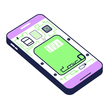 An illustration depicting the interior of a smartphone. The device is shown cut in half, revealing its intricate components. There are several visible chips arranged on a circuit board, each with distinct patterns. Thin wires connect the chips, creating a network across the surface. The battery is prominently displayed, with its terminals exposed. Small screws and connectors can be seen around the edges of the smartphone, adding to the detailed view of its internal structure.