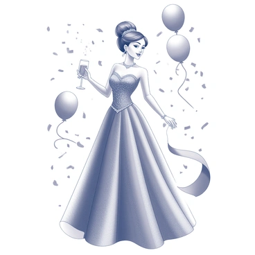 A woman stands in a lively party setting, wearing a ball gown that shimmers with intricate details. The gown features a fitted bodice and a full skirt that flows elegantly to the floor. Her hair is styled in an updo, adorned with sparkling accessories. She holds a glass of champagne in one hand, while confetti falls around her, creating a sense of celebration. The background is filled with decorative elements such as balloons and streamers, enhancing the festive atmosphere of a New Year's Eve celebration.