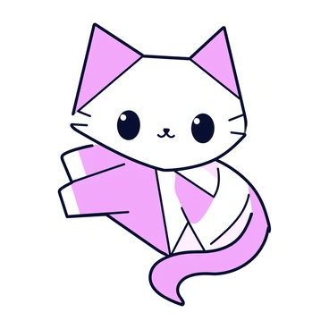 A tattoo design featuring a kitten created with the appearance of origami paper folds. The kitten has large, expressive eyes and a small, triangular nose. Its ears are pointed and folded in a way that mimics the classic origami style. The body of the kitten is composed of interconnected triangular shapes, maintaining the illusion of folded paper. The design includes subtle lines to indicate different folds, enhancing the three-dimensional look of the paper. The overall color of the kitten is a soft pastel shade, emphasizing the delicate nature of the origami design.